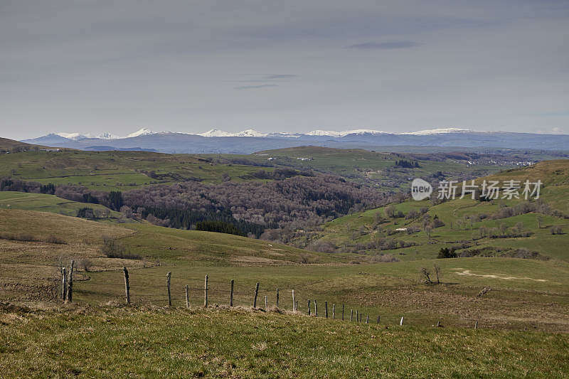 Landscape from the hiking trails. View of the snow-capped mountains of Cézallier, border between Puy de Dôme and Cantal, in the middle of summer pastures and vast meadows.
